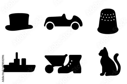 Board Game Icons. Solid, filled icon set of game tokens and pieces: top hat, race car, dog, thimble, battleship, wheelbarrow, shoe, cat. Solid, filled icons in