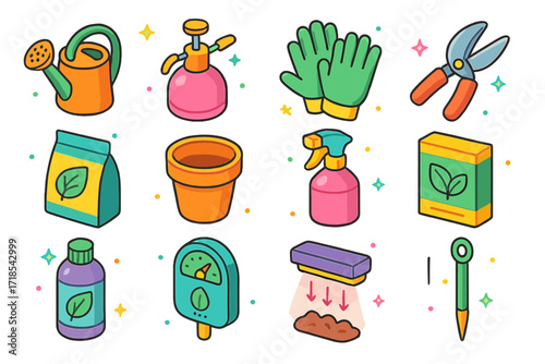 Colorful Plant Care Icons. Colorful isometric vector icons set of plant care tools and items: watering can, plant mister, gardening gloves, pruning shears,