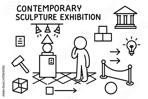 Geometric Sculpture Exhibition. Hand-drawn doodle illustration [contemporary sculpture exhibition] [geometric sculpture, pedestal, spotlights, person