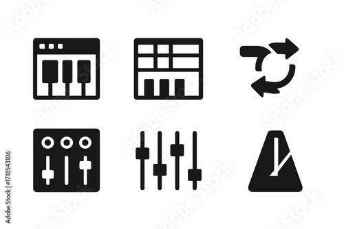 Music Software Icons. Solid, filled icon set of beatmaker software: DAW interface, piano roll, audio track, loop, effects panel, mixer sliders, waveform