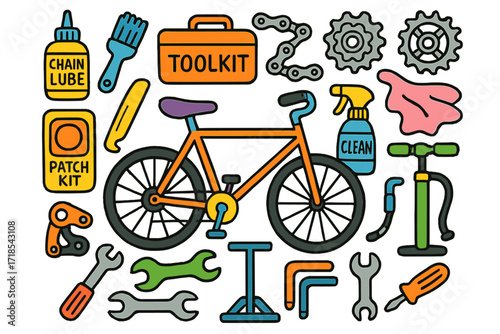 Bike Maintenance Doodles. Colorful Hand-drawn doodle Children illustration Bike Maintenance chain lube, brush, toolkit, chain, cassette, bike stand, tire