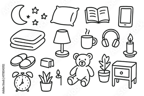 Nighttime Comfort Icons. Hand-drawn doodle illustration nighttime comfort blanket, pillow, book, mug, slippers, lamp, teddy bear, candle, moon,
