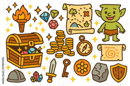 Treasure Dungeon Adventure. Colorful Hand-drawn doodle Children illustration Treasure dungeon golden chest, sparkling gems, coin pile, smiling
