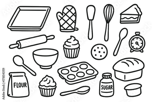 Baking Tools Doodle. Hand-drawn doodle illustration Baking tray [baking tray, oven mitt, spatula, whisk, rolling pin, mixing bowl, cupcake, cookie, muffin tin,