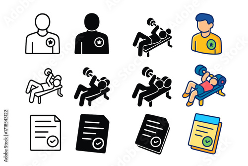 Fitness Icon Collection. Icon Set of Personal training: fitness coach figure, client exercising, training plan sheet. Icons set in vector style, emblematic