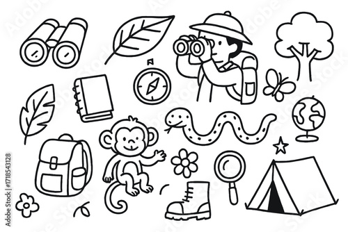 Jungle Exploration Doodles. Hand-drawn doodle illustration Jungle explorers [binoculars, compass, notebook, backpack, leaf, monkey, snake, butterfly, tree,