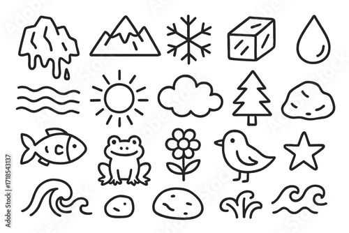 Glacier Melt Icons. Hand-drawn doodle illustration glacier melt mountain, snowflake, ice block, water droplet, river, sun, cloud, tree, rock, fish, frog,