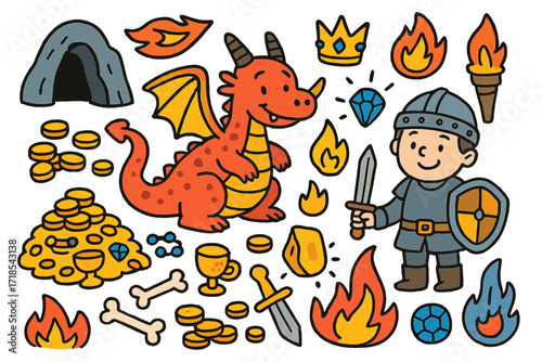 Whimsical Dragon's Treasure. Colorful Hand-drawn doodle Children illustration Dragon?s lair dragon, treasure pile, gold coins, sword, knight shield, torch,