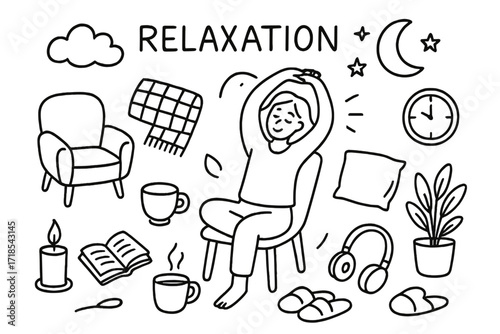 Relaxing Night Doodle. Relaxation. Hand-drawn doodle illustration relaxation person stretching, chair, blanket, pillow, candle, book, tea cup, stars, moon,