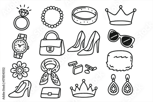 Luxury Fashion Doodles. Hand-drawn doodle illustration Luxury fashion items [diamond ring, pearl necklace, gold bracelet, crown, watch, designer handbag, high