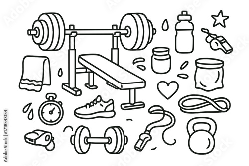 Gym Equipment Doodles. Hand-drawn doodle illustration Gym bench press practice barbell, weight plates, bench, towel, sneakers, stopwatch, water bottle,