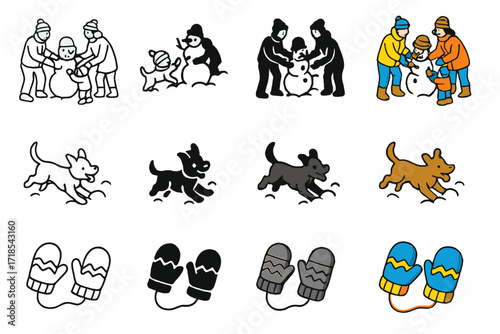 Winter Family Icon Set. Icon Set of Family snow day: parents and child building snowman, dog playing in snow, mittens. Icons set in vector style, emblematic
