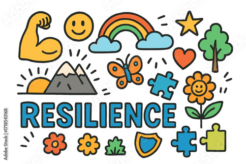Symbols of Resilience. Resilience. Colorful Hand-drawn doodle Children illustration Resilience strong arm, mountain, sunrise, rainbow, puzzle pieces,