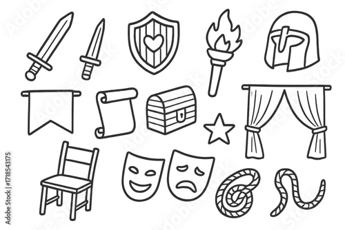 Theatrical Props Doodle. Hand-drawn doodle illustration stage sword props sword, fake dagger, wooden shield, mask, torch, helmet, banner, scroll, chest, star,