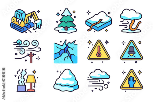 Polar Mining Challenges Icons. Colorful isometric vector icons set of Challenges of mining in polar climates: frozen machinery, whiteout conditions, buried