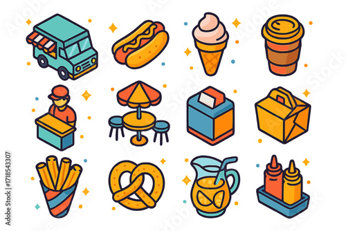 Street Food Icons. Colorful isometric vector icons set of Street Food Adventures: food truck, hot dog, ice cream cone, coffee cup, street vendor, outdoor