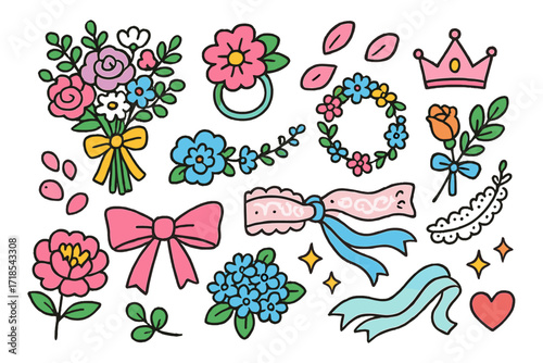 Wedding Floral Doodle. Colorful Hand-drawn doodle Children illustration Wedding Floral Accessories bouquet, corsage, boutonniere, flower ring, hair vine, rose