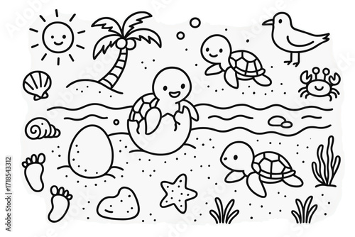 Turtle Hatchlings Doodle. Hand-drawn doodle illustration Baby turtles hatching turtle egg, hatchling, sand, wave, footprint, shell, crab, seagull, sun, palm