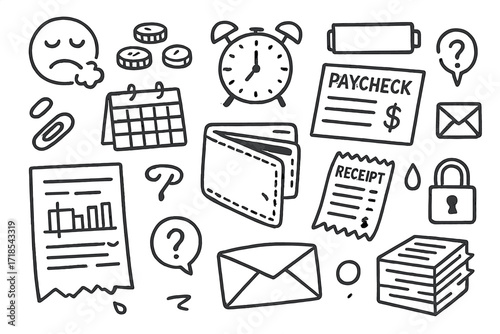 Paycheck-to-Paycheck Struggles. Hand-drawn doodle illustration paycheck-to-paycheck living empty wallet, calendar, coins, paycheck icon, receipt, sigh emoji,