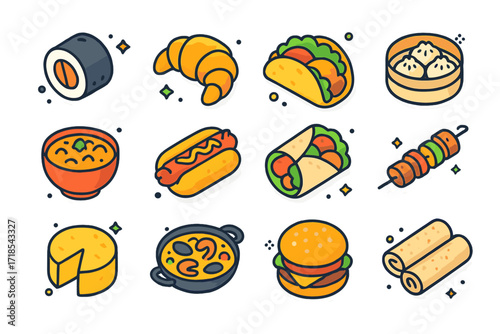 Global Cuisine Icons. Colorful isometric vector icons set of Global cuisine symbols: sushi roll, croissant, taco, dumplings, curry bowl, bratwurst, falafel