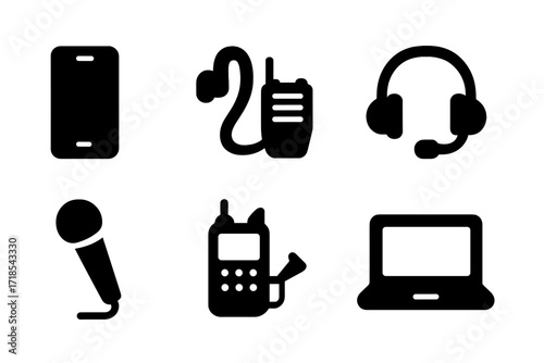 Bodyguard Devices Icons. Solid, filled icon set of bodyguard communication devices: smartphone, earpiece, walkie-talkie, headset, microphone, satellite phone,