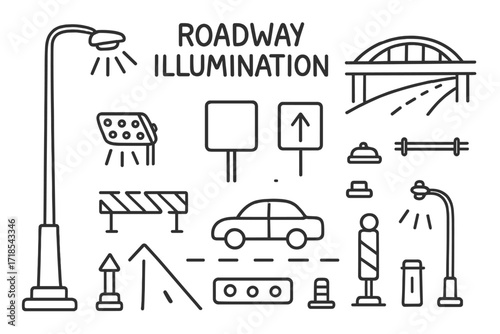 Doodle Highway Elements. Hand-drawn doodle illustration Roadway Illumination tall pole, LED light, road divider, dashed line, highway sign, overpass,