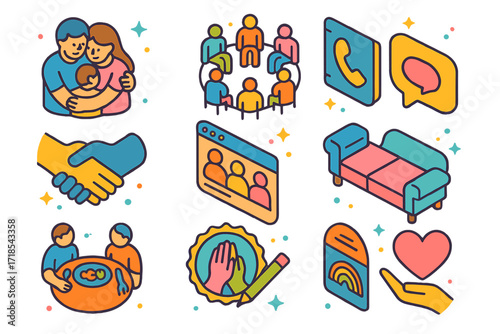 Crisis Support Icons. Colorful isometric vector icons set of Support networks in crisis: family hug, support group circle, helpline directory, friend hand,