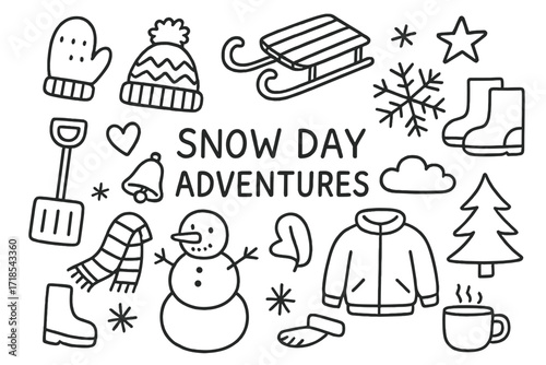 Snow Day Doodles. Hand-drawn doodle illustration Snow day adventures mitten, wool hat, sled, snowflake, boots, shovel, snowman, scarf, jacket, pine tree, star,