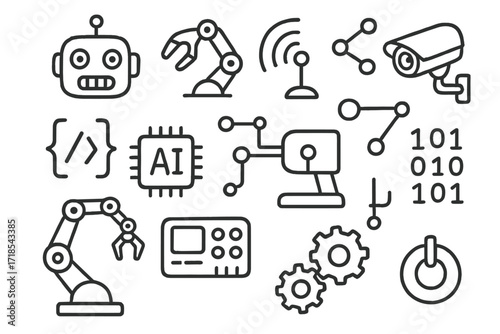 AI Robotics Doodle Art. Hand-drawn doodle illustration AI and robotics [robot face, claw hand, sensor, camera lens, code bracket, AI chip, radar waves, network