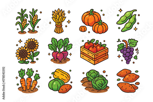 Autumn Harvest Icons. Colorful isometric vector icons set of autumn harvest crops: corn stalks, wheat bundle, pumpkins, soybeans, sunflower heads, sugar beets,