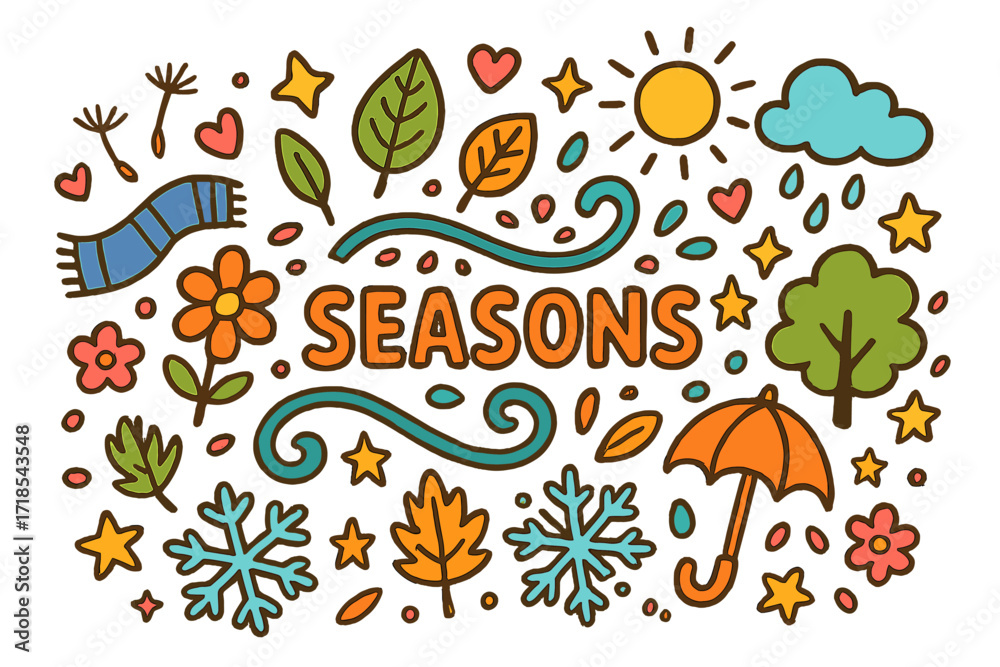 Obraz premium Seasonal Doodle Elements. Seasons. Colorful Hand-drawn doodle Children illustration swirl, leaf, snowflake, flower petals, sun, cloud, heart, star, feather,