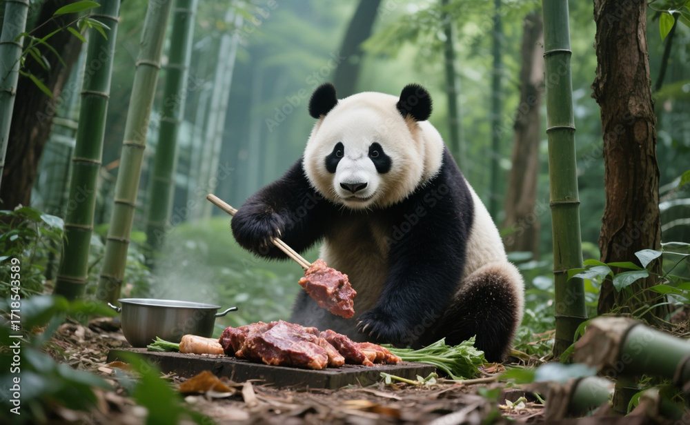 Fototapeta premium Panda skillfully cooks meat over an open fire pit
