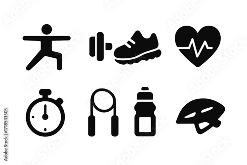 Dynamic Fitness Icons. Solid, filled icon set of dynamic fitness: yoga pose, dumbbells, running shoe, heart rate, stopwatch, jump rope, water bottle, cycling
