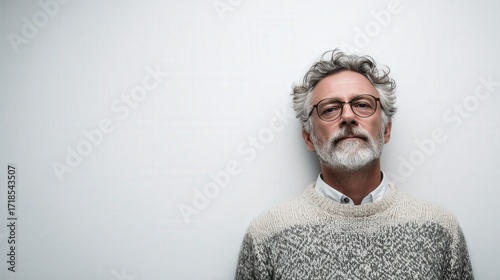 Thoughtful Senior Man with Glasses in Cozy Sweater Against a Minimalist Background