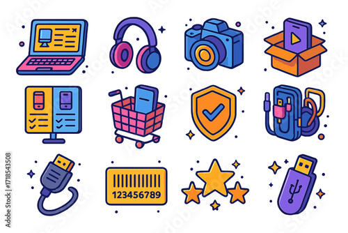 Electronics Shopping Icons. Colorful isometric vector icons set of electronics and gadgets online shopping: laptop with specs popup, headphones icon, camera