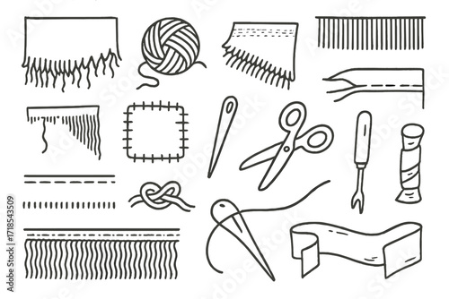 Fabric Fringe Doodles. Hand-drawn doodle illustration Frayed textile edges [thread, loose yarn, cut edge, fabric line, weave pattern, unravel icon, patch,