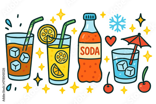 Colorful Refreshing Drinks. Refreshing drinks. Colorful Hand-drawn doodle Children illustration iced tea, lemonade, soda, glass with ice, straw, cherry, lemon