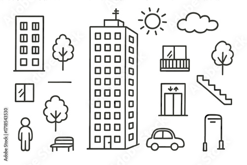 Urban Doodle Skyline. Hand-drawn doodle illustration High-rise residential towers tall building, apartment windows, balcony, elevator, stairwell, rooftop,
