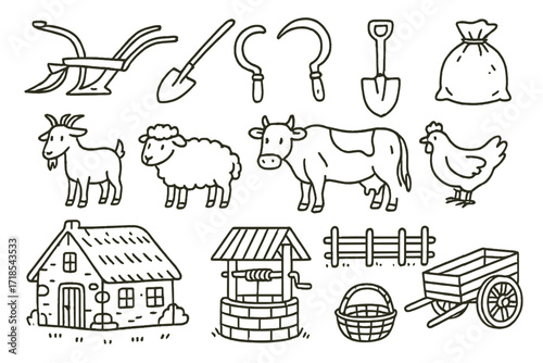 Traditional Farming Icons. Hand-drawn doodle illustration traditional peasant farming plow, hoe, sickle, shovel, sack, basket, goat, sheep, cow, chicken,