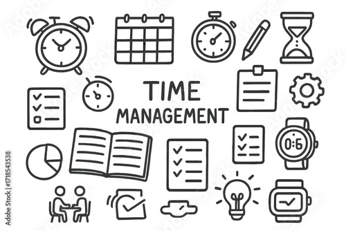 Time Management Icons. Hand-drawn doodle illustration [Time management] [alarm clock, calendar, stopwatch, hourglass, planner, checklist, to-do list, timer,
