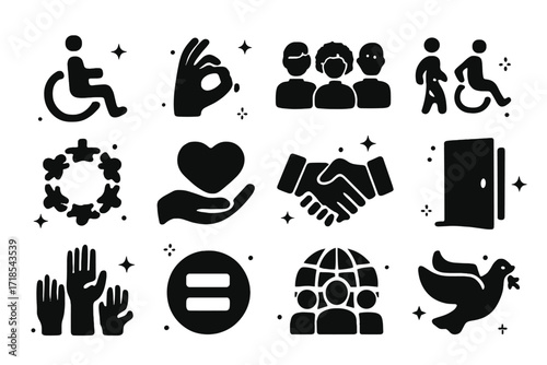 Inclusion Icon Set. Inclusion. Solid icons set of wheelchair symbol, sign language hand, diverse people, accessible ramp, inclusive circle, support heart,