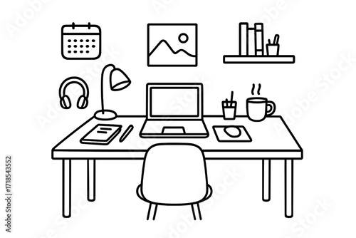 Minimalist Workspace Doodle. Hand-drawn doodle illustration Minimalist workspace [desk, chair, laptop, simple lamp, notebook, pencil, clean shelf, wall art,