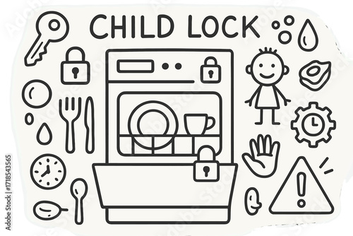 Dishwasher Child Lock Doodle. Hand-drawn doodle illustration Child lock on dishwasher dishwasher door, lock symbol, child figure, key, plate, cup, spoon, fork,