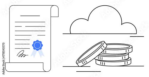 Certification scroll with blue ribbon, stacked coins, and cloud. Ideal for finance, cloud computing, digital contracts, technology, legal matters virtual transactions innovation concepts. Simple