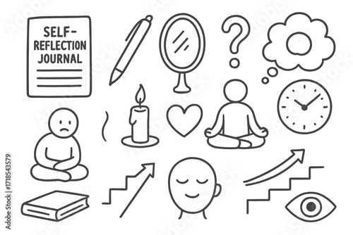 Self-Reflection Icons. Hand-drawn doodle illustration self-reflection journal, pen, mirror icon, question mark, thinking cloud, time clock, alone figure,