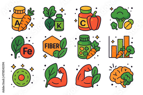 Vitamins from Vegetables Icons. Colorful isometric vector icons set of vitamins from vegetables: vitamin A bottle with carrot, vitamin K with leafy greens,