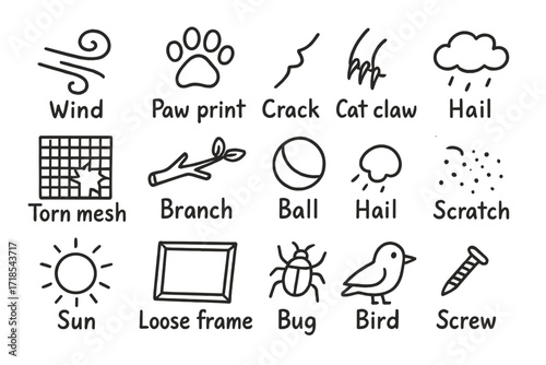 Window Screen Mishaps. Hand-drawn doodle illustration Window screen damage causes [wind swirl, paw print, crack, cat claw, torn mesh, branch, ball, hail, sun