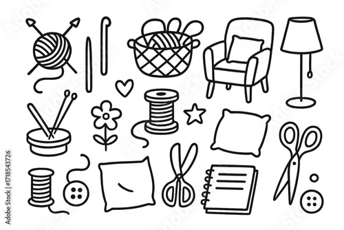 Knitting Corner Doodles. Hand-drawn doodle illustration DIY knitting corner [yarn ball, knitting needles, crochet hook, basket, chair, lamp, spool, thread,