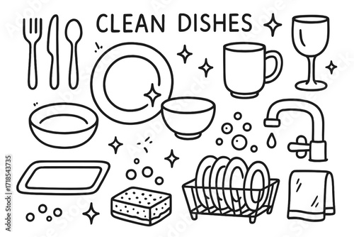 Clean Dishes Doodle. Hand-drawn doodle illustration Clean dishes [plate, bowl, mug, sparkling icon, fork, knife, spoon, glass, tray, dish rack, soap bubbles,