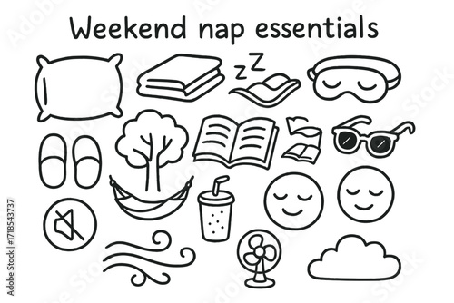 Weekend Nap Essentials. Hand-drawn doodle illustration Weekend nap essentials [pillow, blanket, sleep mask, book, hammock, tree, Zzz symbol, slippers, soft